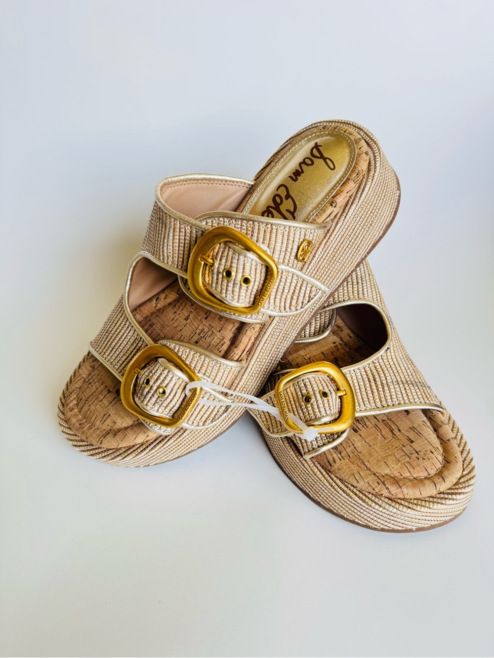 Sam Edelman Natural Beige Woven Cork Slide Sandals with Gold Buckles